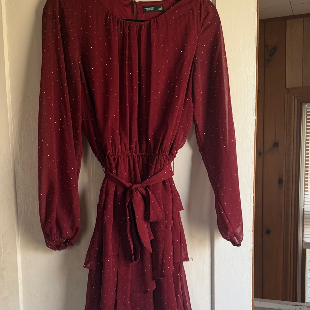 Vera Wang Women's Burgundy Long Sheer Sleeve Tiered Dress with Belt